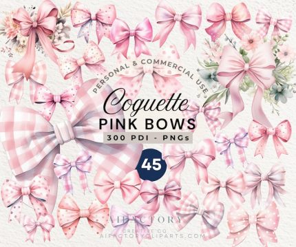 Pink Ribbon Bow Clipart, Watercolor Pink Bow, Girl Coquette PNG