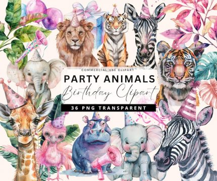Pink Safari Animals Birthday Clipart, Party Animals Safari Baby Shower Clipart