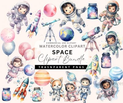 Watercolor Astronaut Space Clipart, Astronaut Nursery, Planets Clip Art