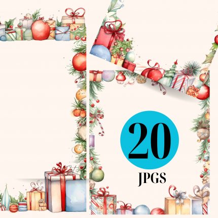 Christmas Border Clipart – Watercolor Christmas Tree & Gifts Page Border (PNG)