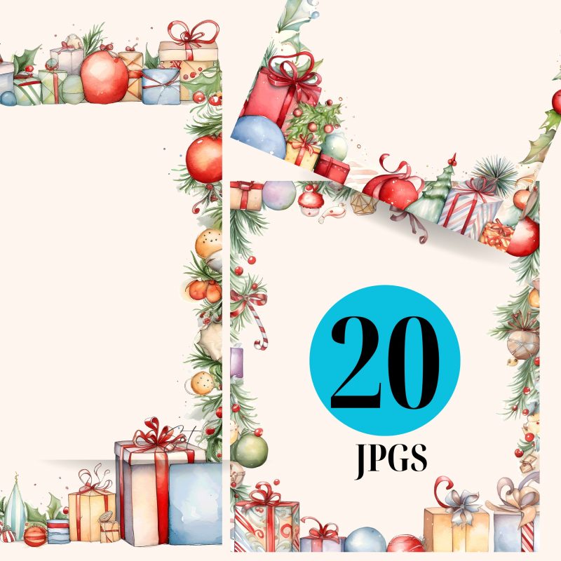 Christmas Border Clipart – Watercolor Christmas Tree & Gifts Page Border (PNG)