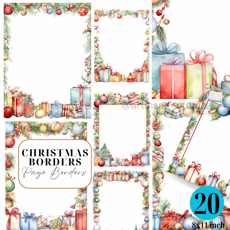 Christmas Border Clipart – Watercolor Christmas Tree & Gifts Page Border (PNG)