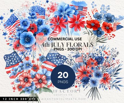 July 4th Flowers PNG, Watercolor Floral Bouquet Clipart ,Fourth Of July Sublimation Design, Trendy America USA Popular PNG