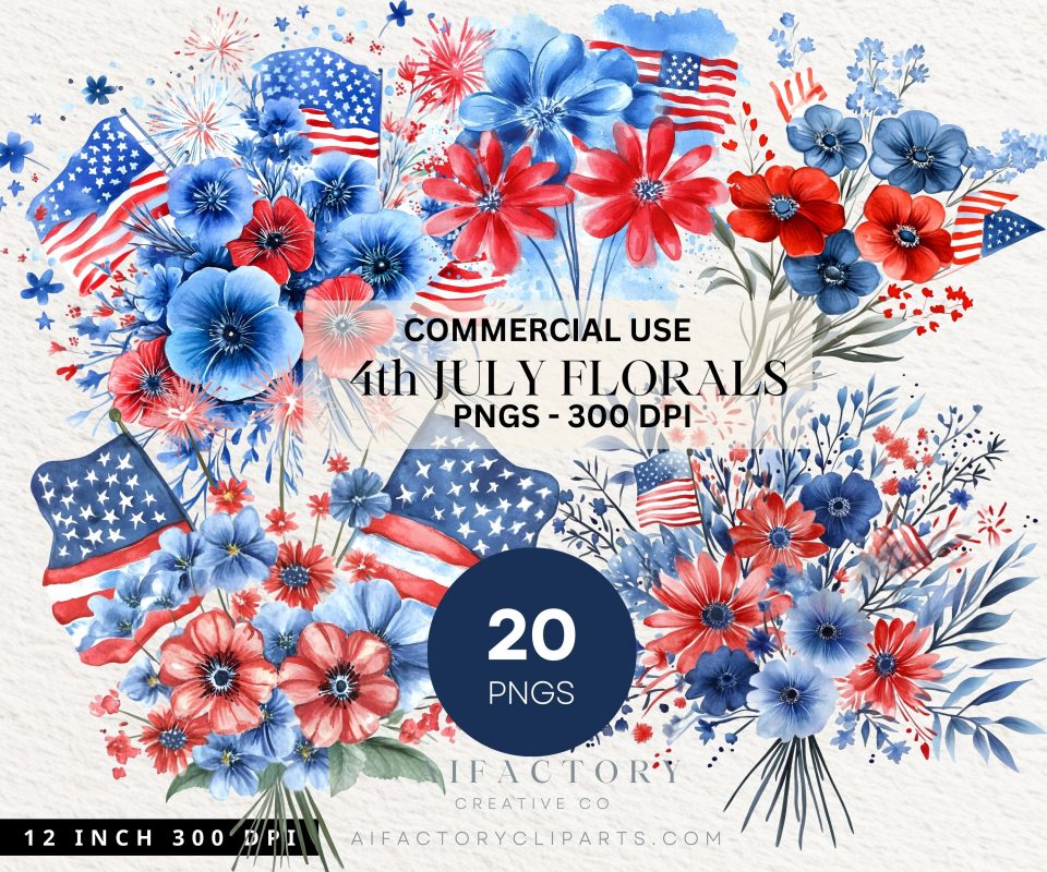 July 4th Flowers PNG, Watercolor Floral Bouquet Clipart ,Fourth Of July Sublimation Design, Trendy America USA Popular PNG