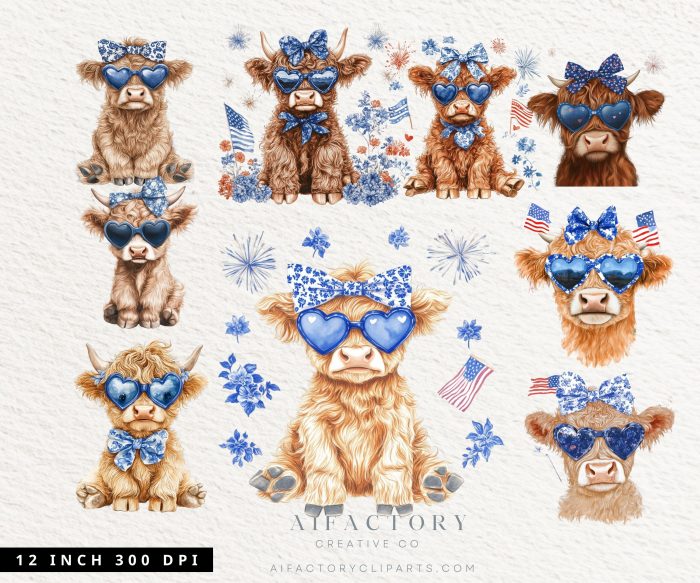 July patriotic highland cows PNG graphics Commercial Use clipart