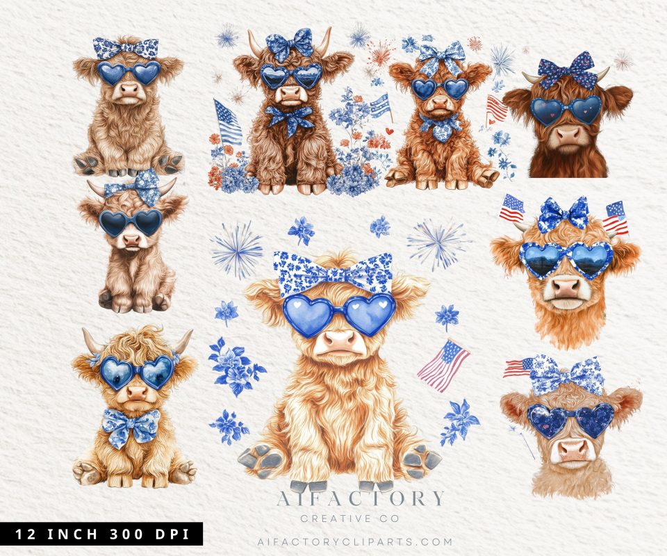 July patriotic highland cows PNG graphics Commercial Use clipart