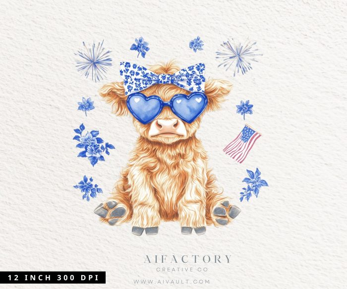 July patriotic highland cows PNG graphics Commercial Use clipart
