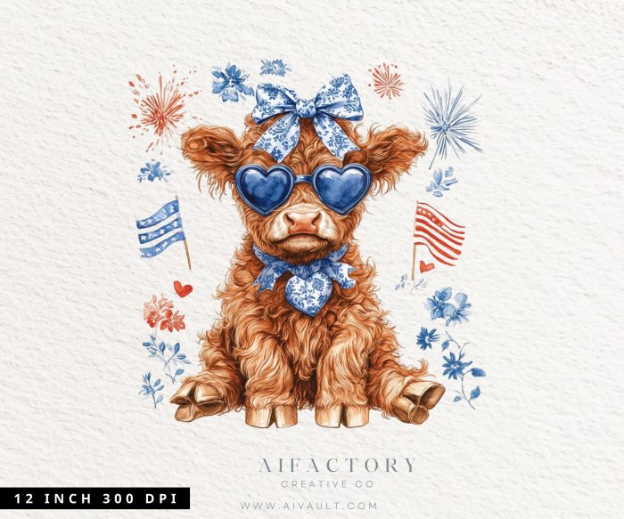 July patriotic highland cows PNG graphics Commercial Use clipart