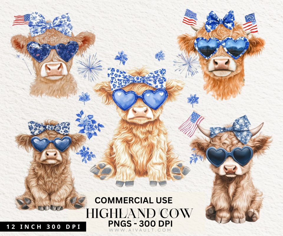 July patriotic highland cows PNG graphics Commercial Use clipart