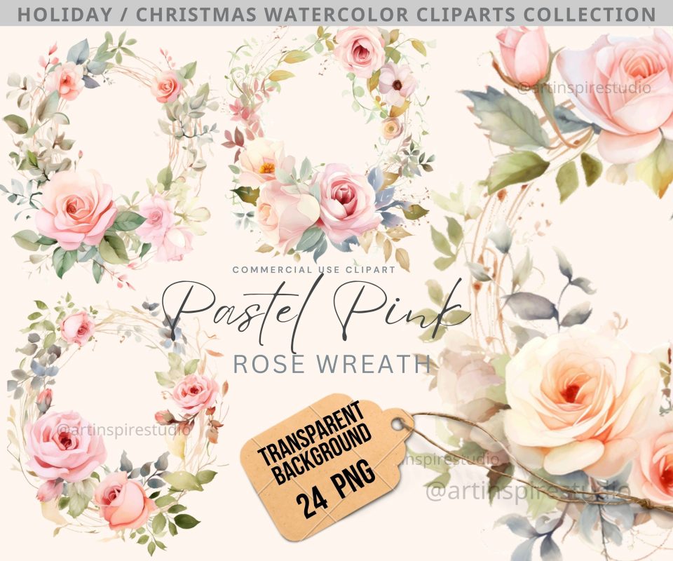 Clipart Watercolor Wreath Bundle, Roses Pink Floral Wreaths Clipart, Wedding Invitation Watercolor Winter Florals Botanical, transparent png