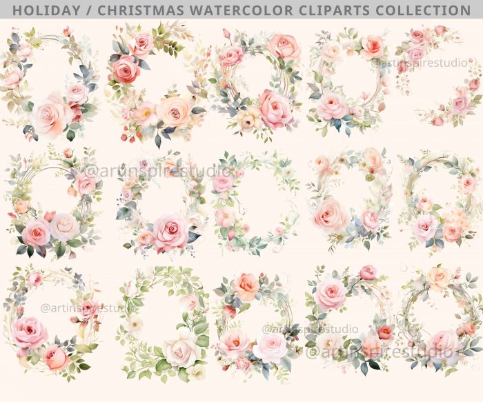 Clipart Watercolor Wreath Bundle, Roses Pink Floral Wreaths Clipart, Wedding Invitation Watercolor Winter Florals Botanical, transparent png