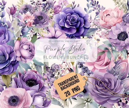 Watercolor Purple Boho Bouquet Clipart Transparent PNG