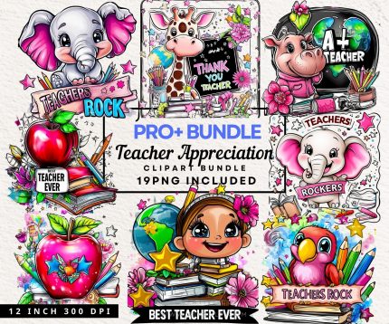 19 Watercolor Teacher Thank you Clipart Bundle, Back to School PNG