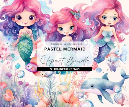 Mermaid Clipart Pastel Under the Sea Clipart Watercolor Png