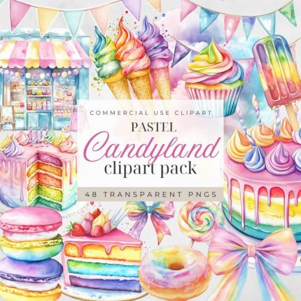 Pastel Candyland Clipart Set, Watercolor Sweets Clipart